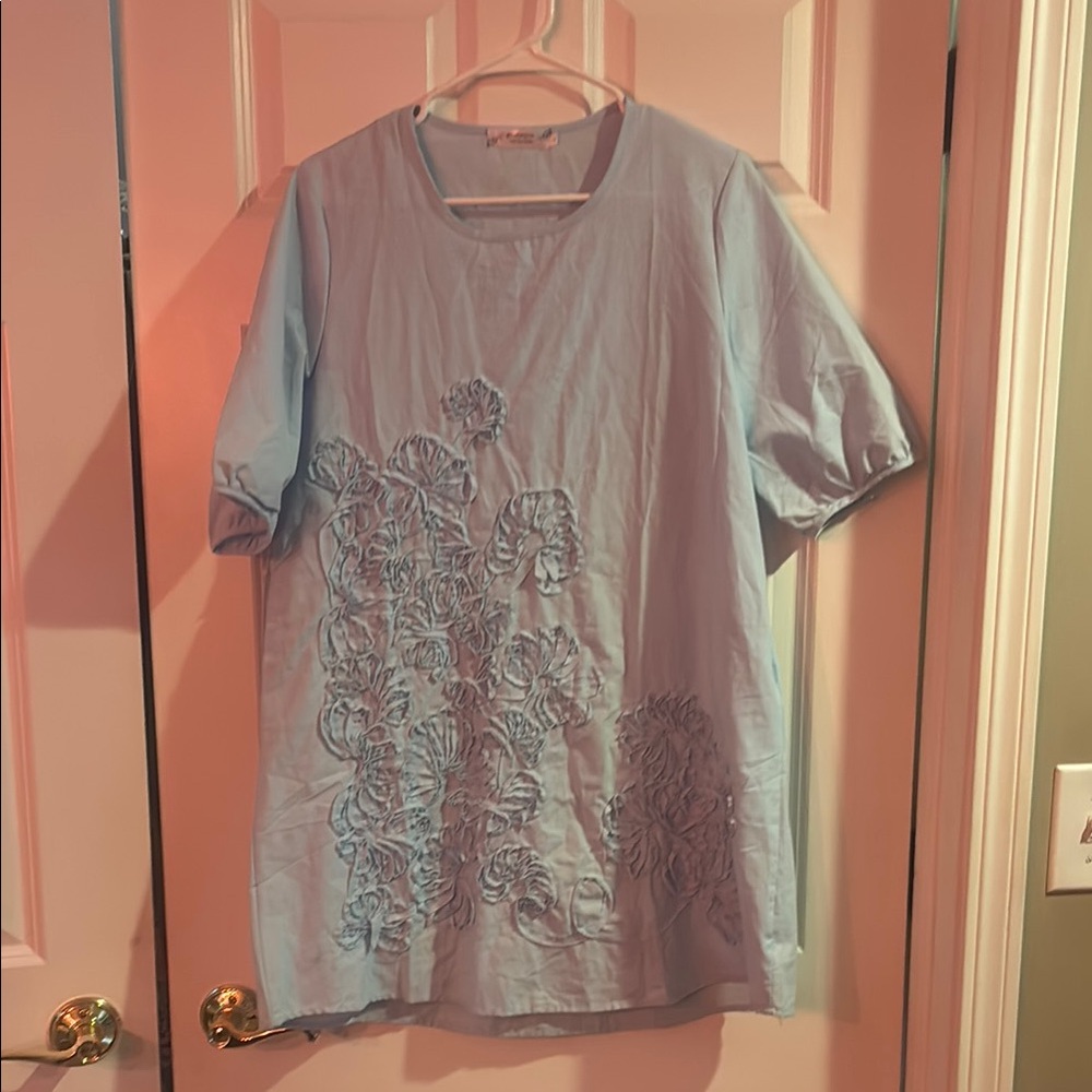 Light Blue Embroidered Woman’s, linen-like Shirt